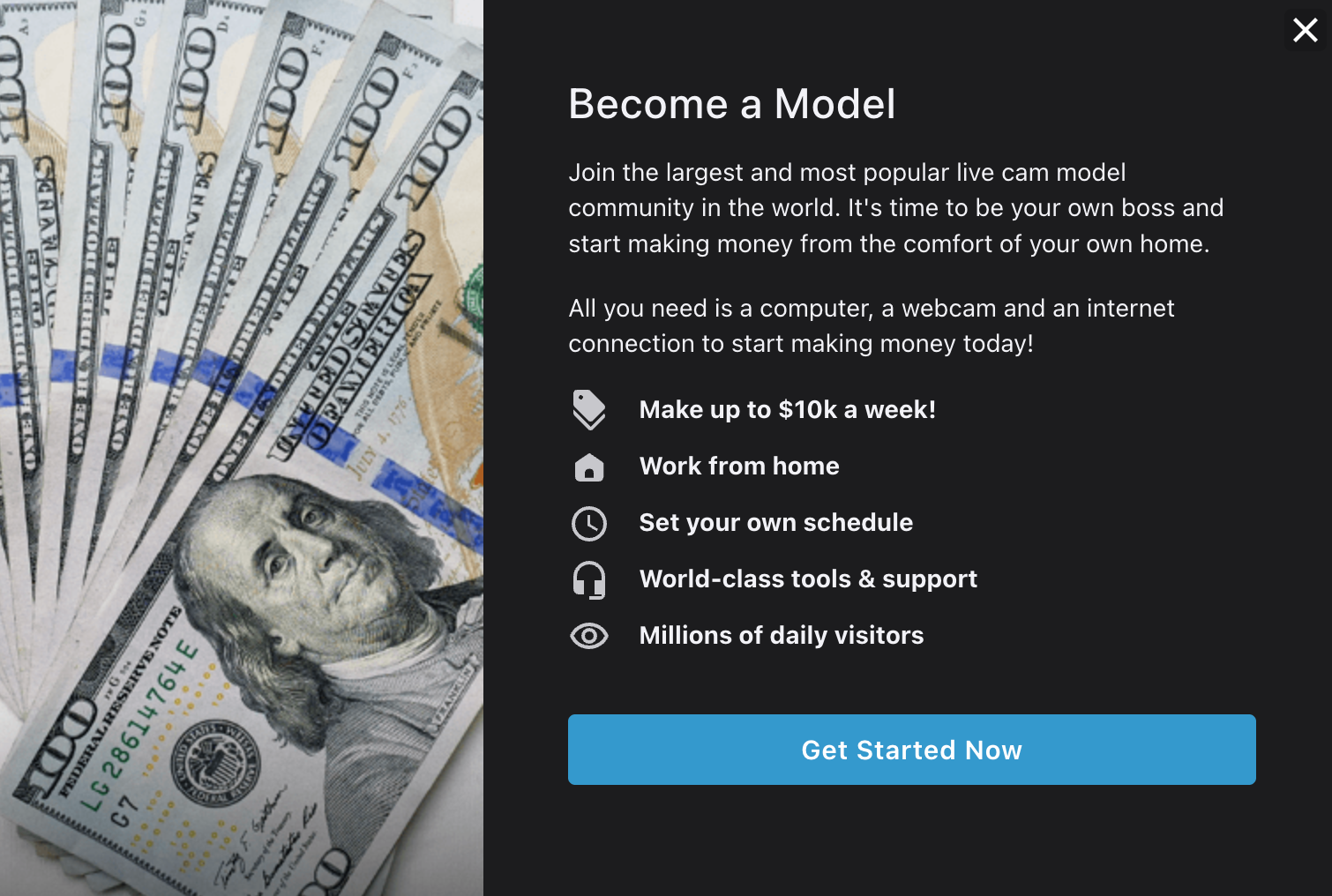 Pop up explaining how you can start to become a model on Streamate.
