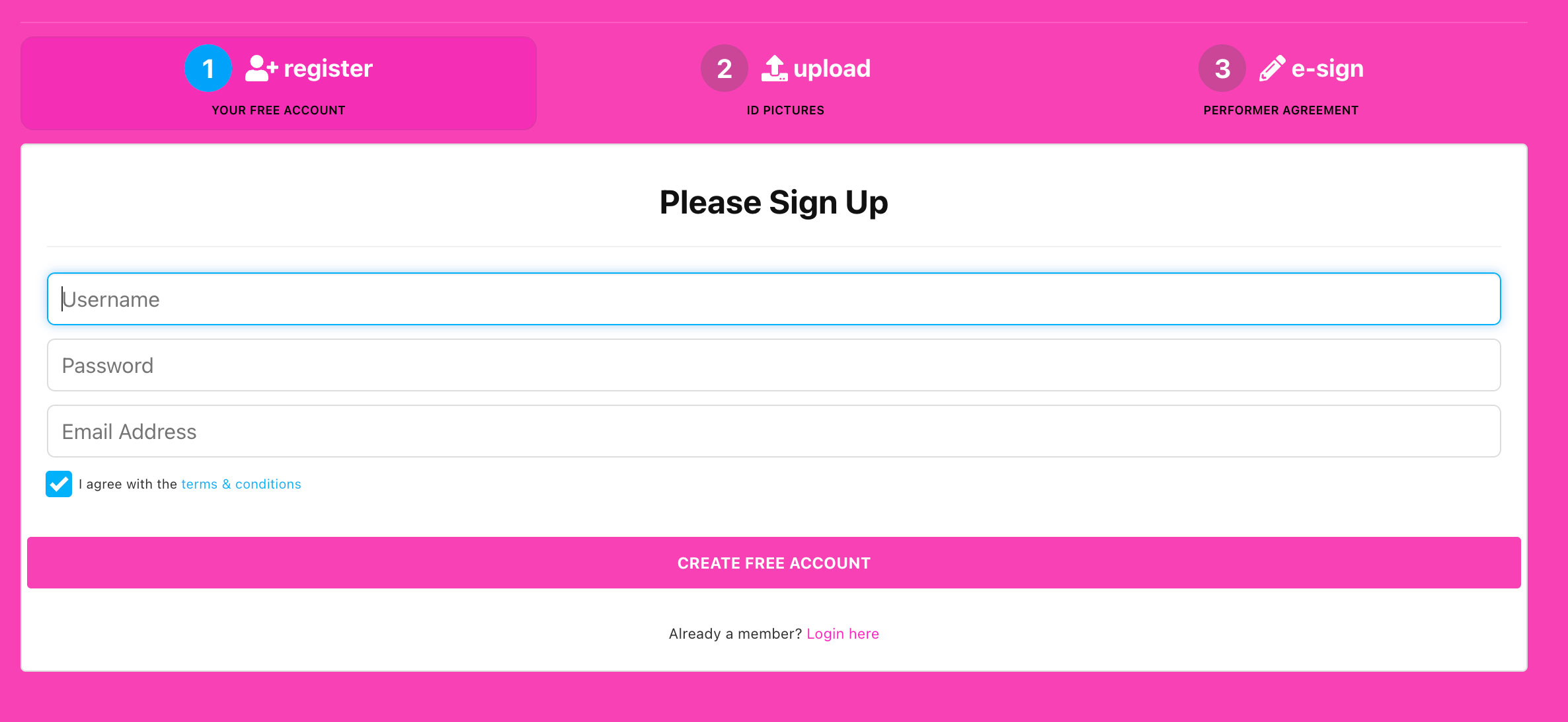 Sign up page for CamWithHer